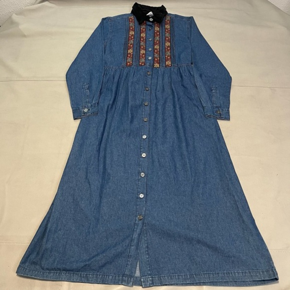 VTG Y2K 90s Erika & Co. Maxi Denim Dress ‎ M Cottage Prairie Chambray Farm-3676